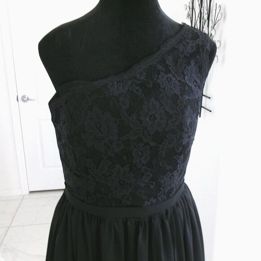 New Black One Shoulder Chiffon Gown Formal Dress M 6 S 4 Lace Top Formal - Picture 3 of 15